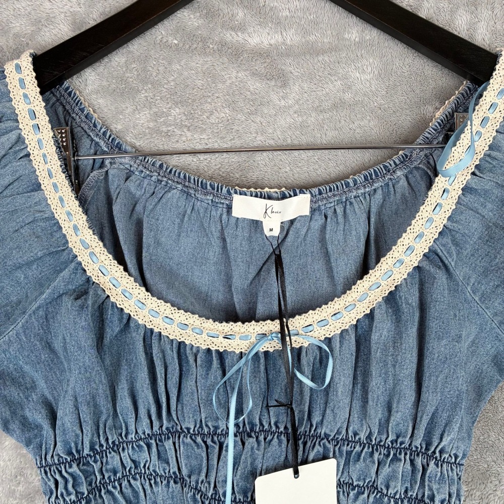 NWT Klesis Top Ruched Blue Denim Ribbon Crochet Trim Women M Coastal Cowgirl - Picture 6 of 11